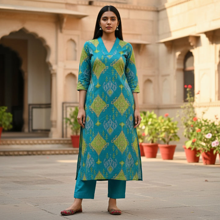 Teal Blue Handblock Print Straight Kurta Set with Pants
