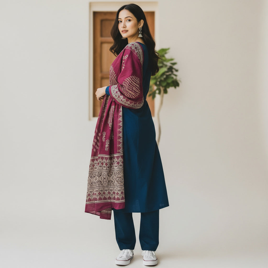 Teal Blue Straight Kurta Set with Printed Yoke, Solid Bottom &amp; Maroon Dupatta