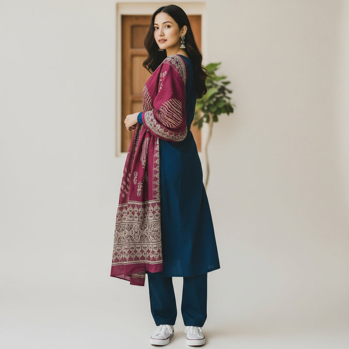 Teal Blue Straight Kurta Set with Printed Yoke, Solid Bottom &amp; Maroon Dupatta