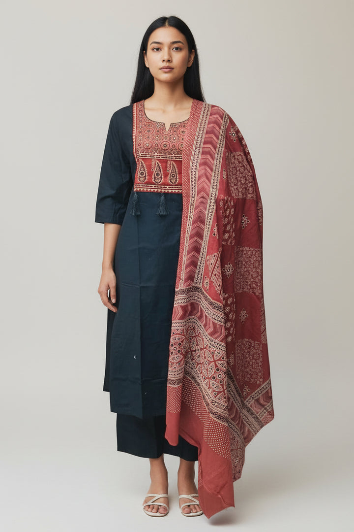 Black Straight Kurta with Printed Yoke, Solid Bottom &amp; Printed Dupatta – 3-Piece Set