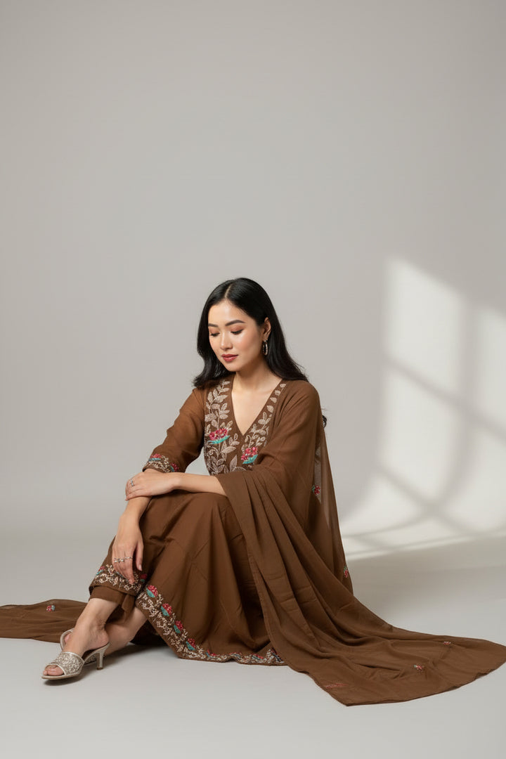 Women’s Brown Embroidered Anarkali Kurta Set with Dupatta