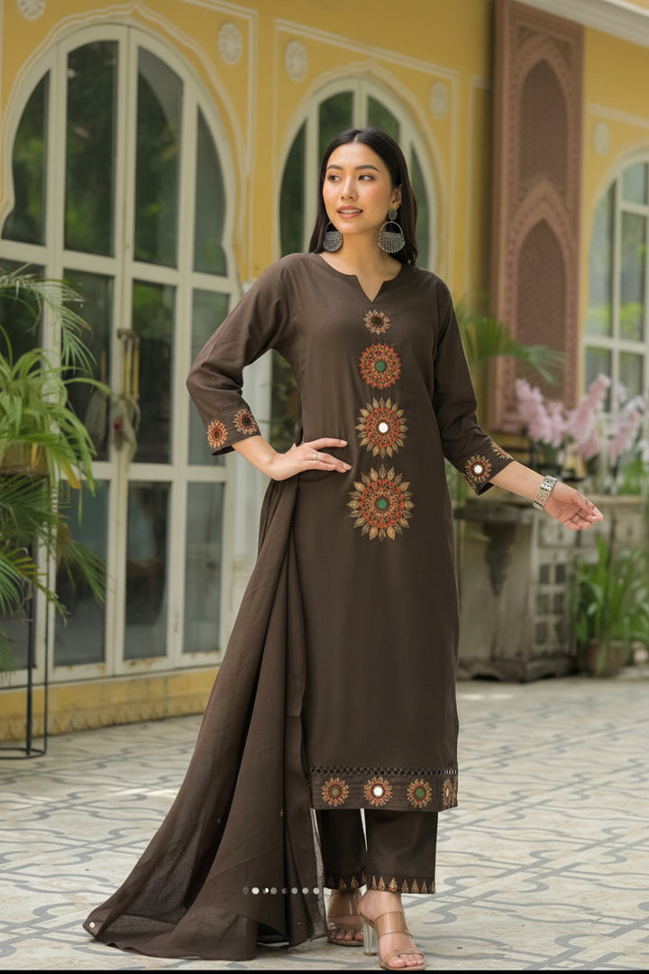 Embroidered Brown Kurta Set with Straight Pants &amp; Dupatta