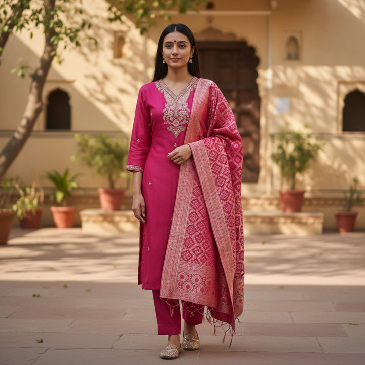 Raj kumari Pink Silk embroidery 3 piece Kurtha Set