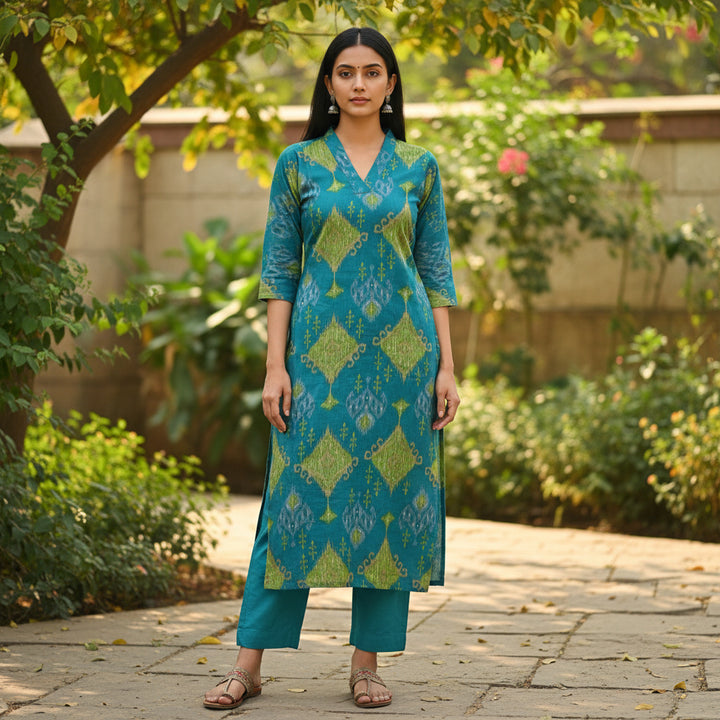 Teal Blue Handblock Print Straight Kurta Set with Pants