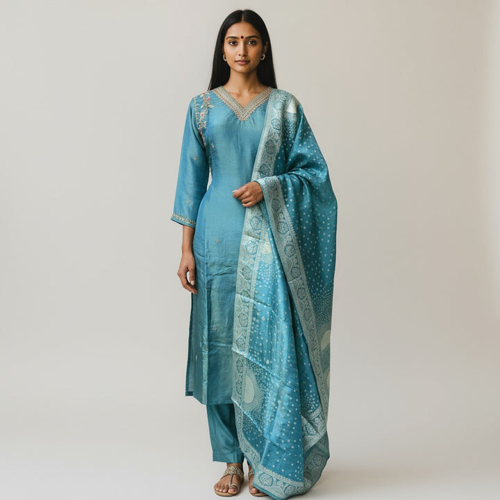 Blue Gold Tissue embroidery 3 piece traditional kurthi set