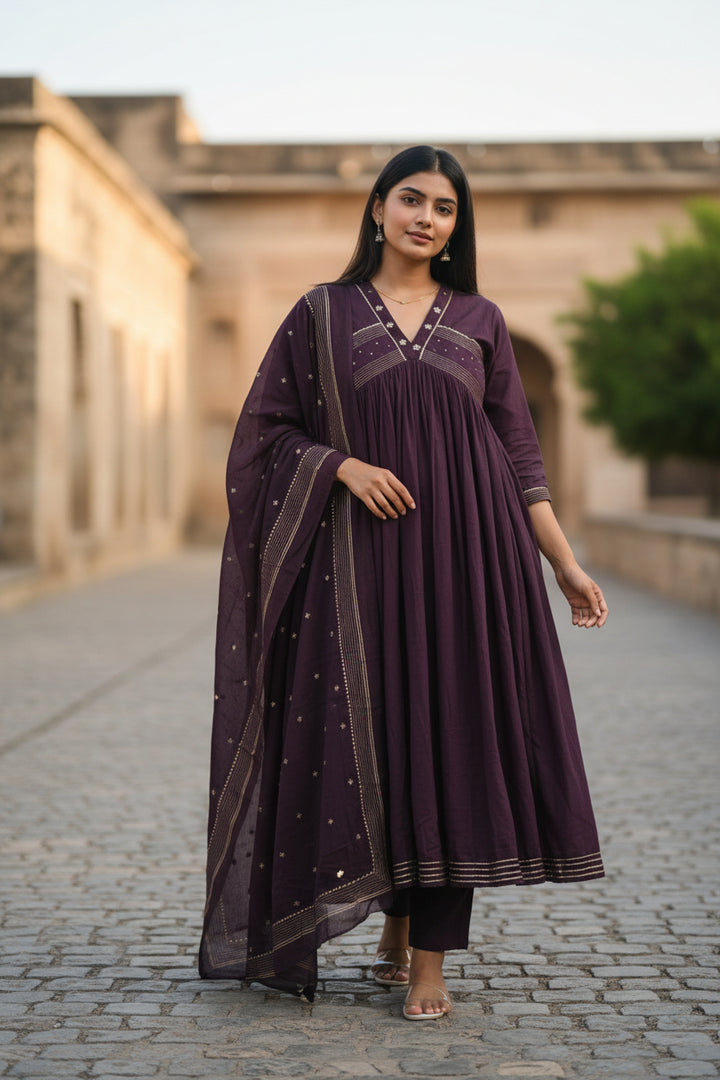 Women’s Solid Embroidered Anarkali Kurta Set with Dupatta