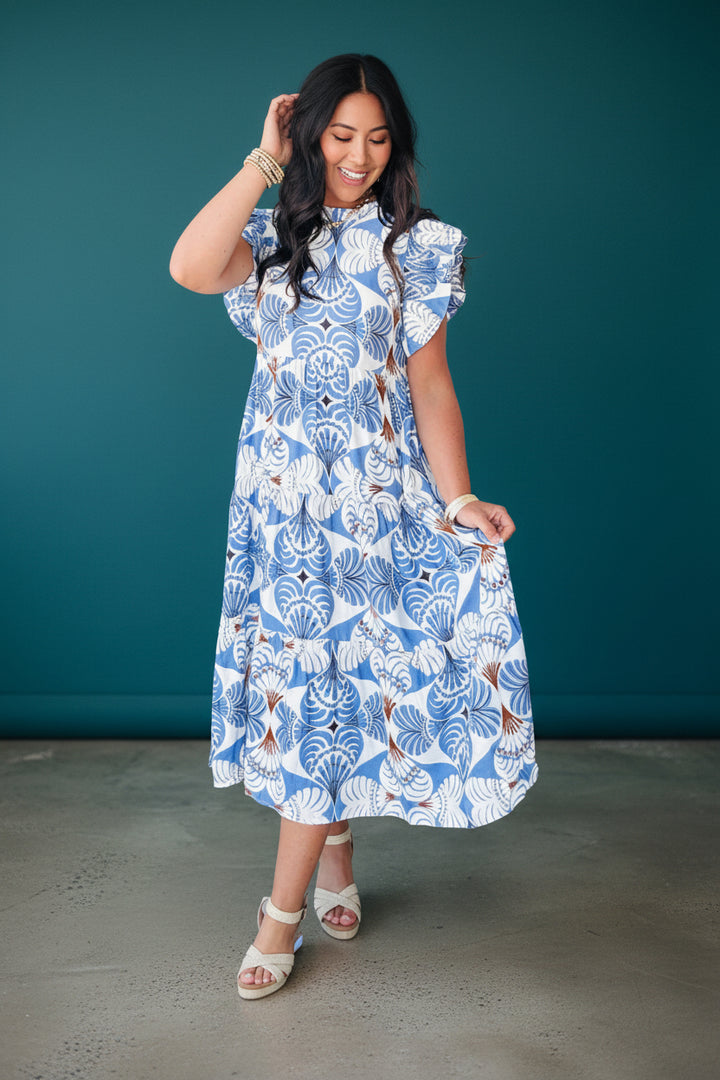 Sky Blue Tropical Botanic Print Flutter Sleeve Vacation Long Dress
