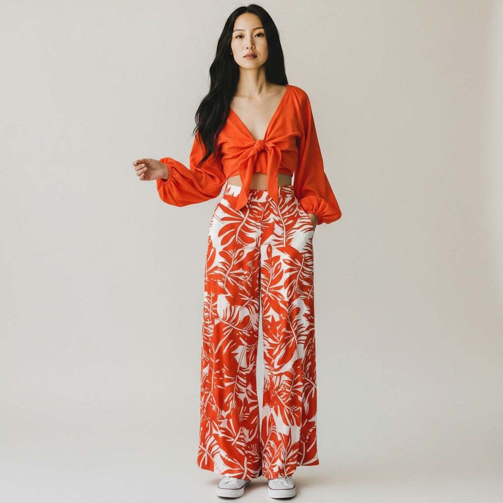 Orange Lantern Sleeve Top And High Waist Printed Co-ord set