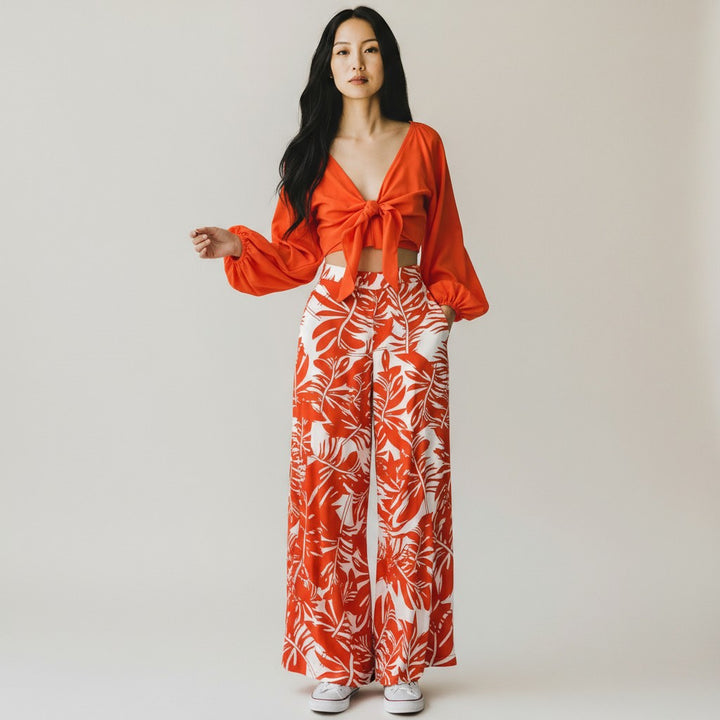 Orange Lantern Sleeve Top And High Waist Printed Co-ord set