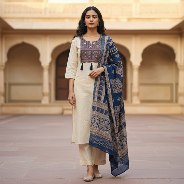 Ivory Cotton Kurta Set with Indigo Printed Dupatta