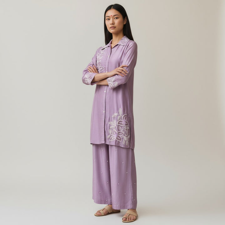Premium Purple Pure Viscose Chinon Hand-Embroidered Co-Ord Set