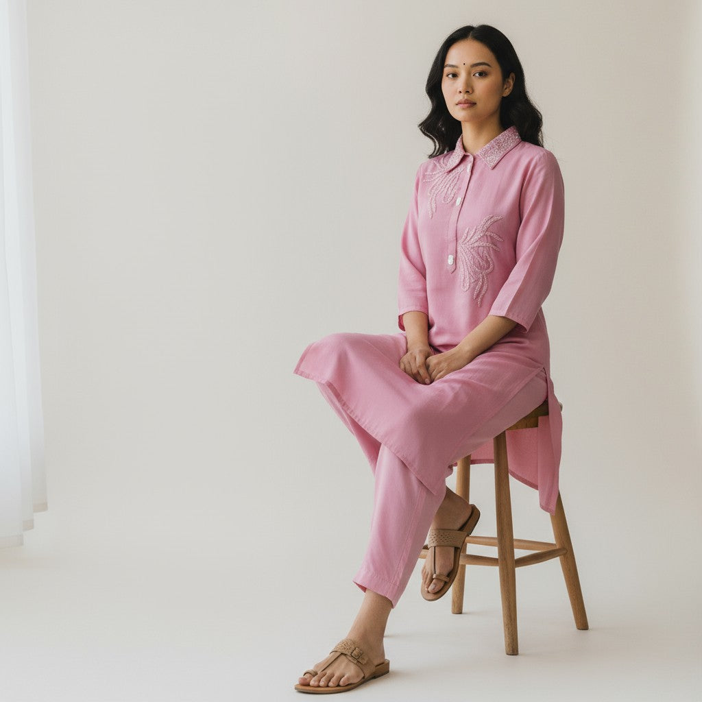 Sakhi Sky Blue Self Embroidery Ethnic Coord Set