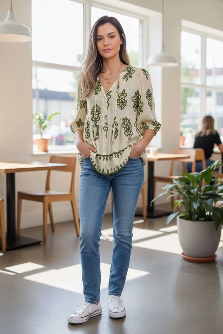 Apricot Floral Print Tie V Neck Button Down Puffy Half Sleeve Shirt
