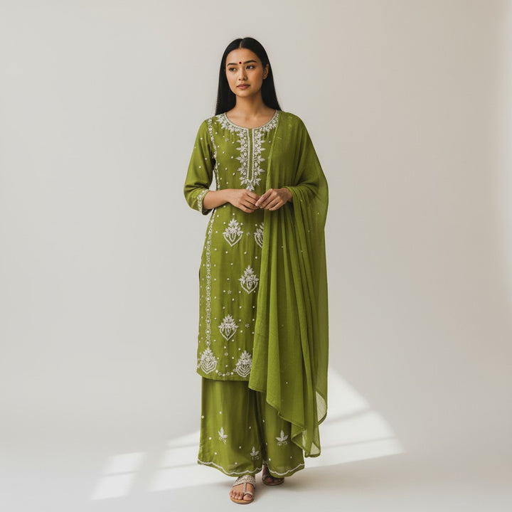 Green Viscose Chinnon Handwork Suit Set with Chiffon Dupatta & Plazo Pant