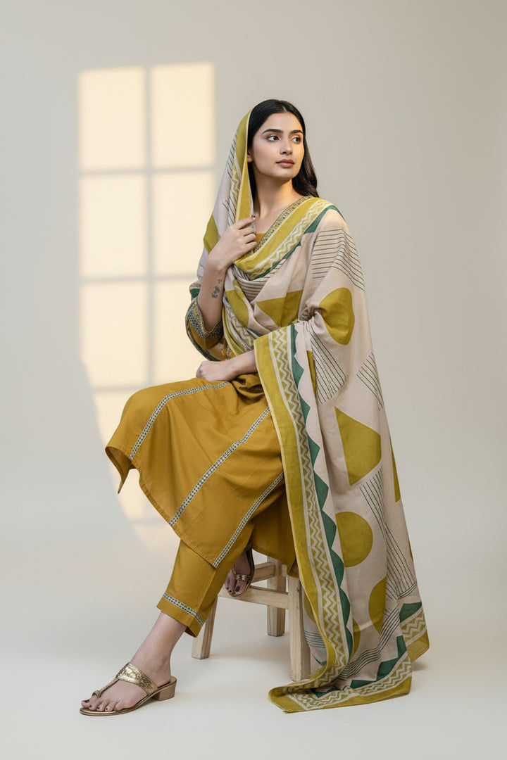 Mustard Yellow Kurta Set with Printed Dupatta – Elegant Ethnic Wear for Women