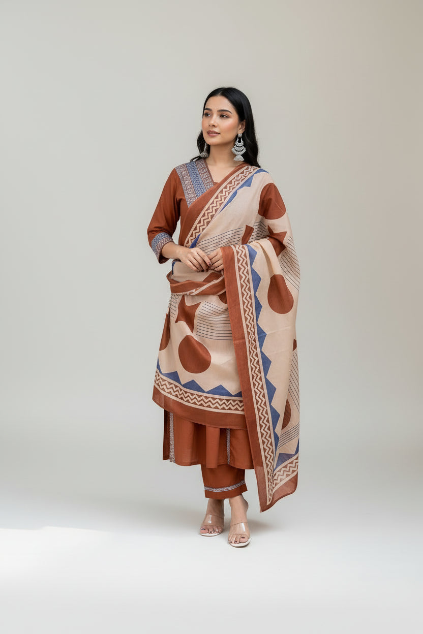 Rust Brown Printed Kurta Set with Contrast Dupatta