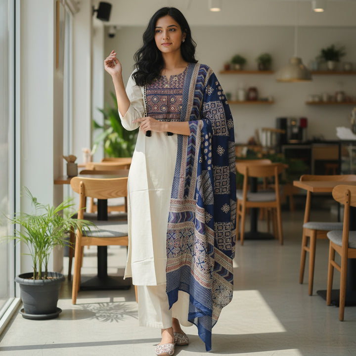 Ivory Cotton Kurta Set with Indigo Printed Dupatta