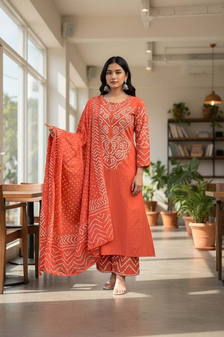 Rust Orange Bandhani Printed Kurta Set with Dupatta &amp; Palazzo Pants
