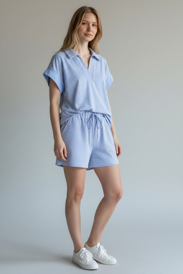 Sky Blue Stripe Dolman Sleeve Polo Shirt and Drawstring Shorts Set