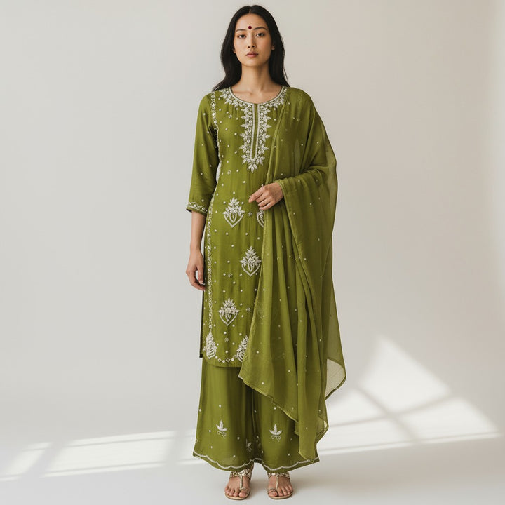 Green Viscose Chinnon Handwork Suit Set with Chiffon Dupatta & Plazo Pant
