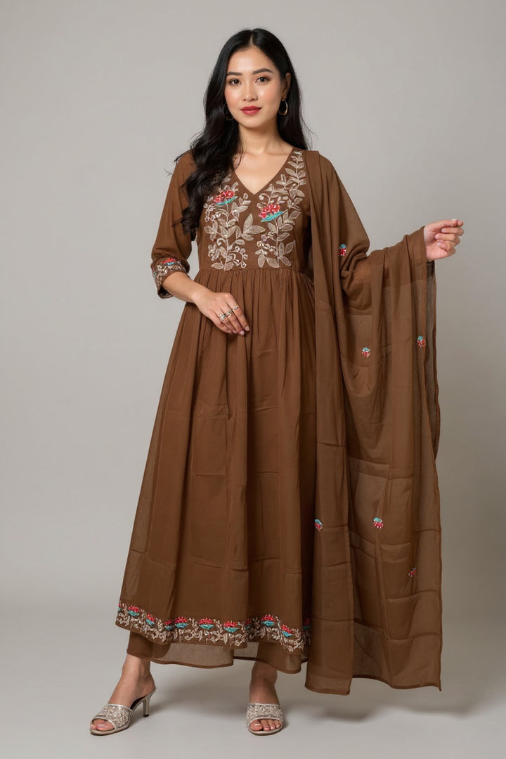 Women’s Brown Embroidered Anarkali Kurta Set with Dupatta