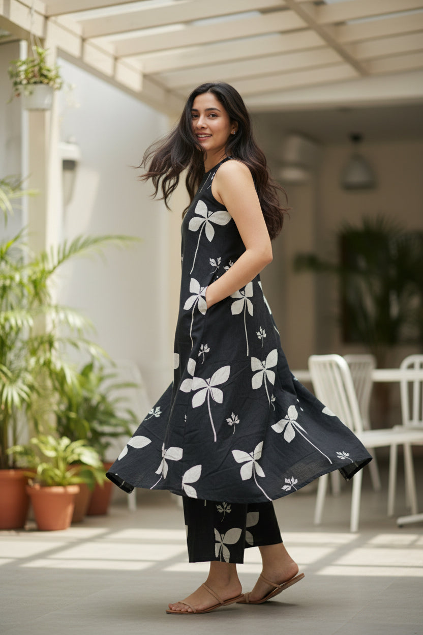 Black Floral Printed Sleeveless Kurta Set with Palazzo Pants