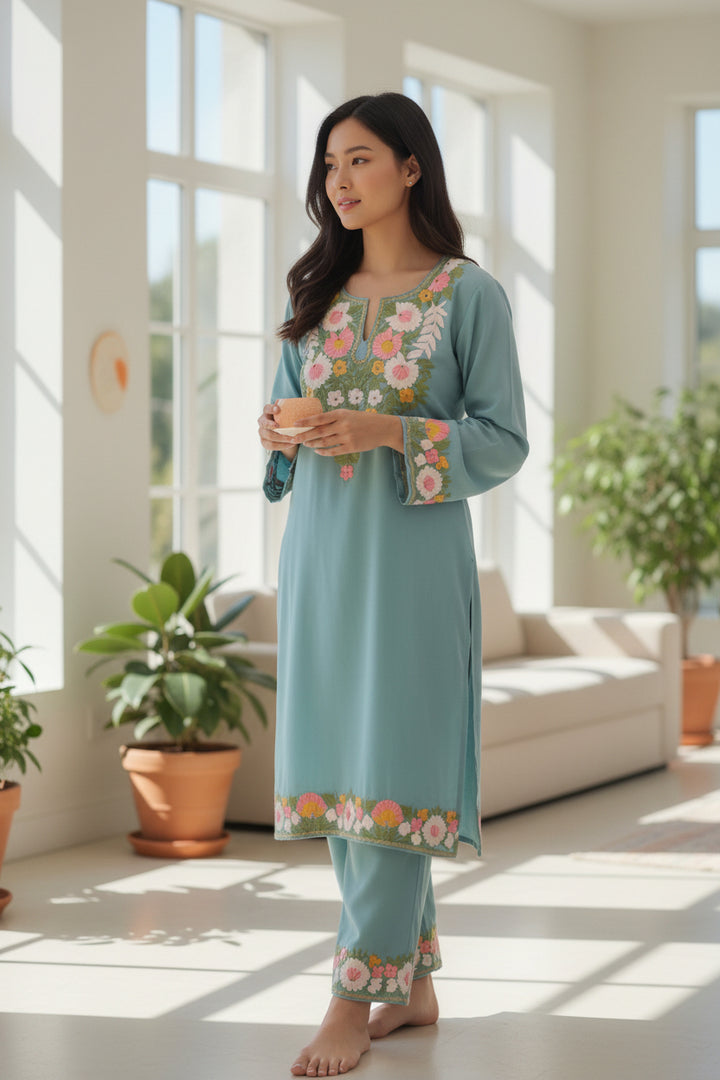 Blue Embroidered Straight Kurta Set with Palazzo Pants