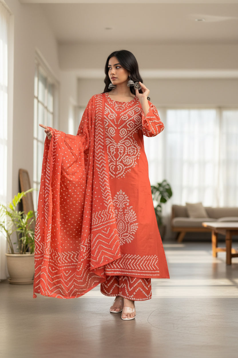 Rust Orange Bandhani Printed Kurta Set with Dupatta &amp; Palazzo Pants