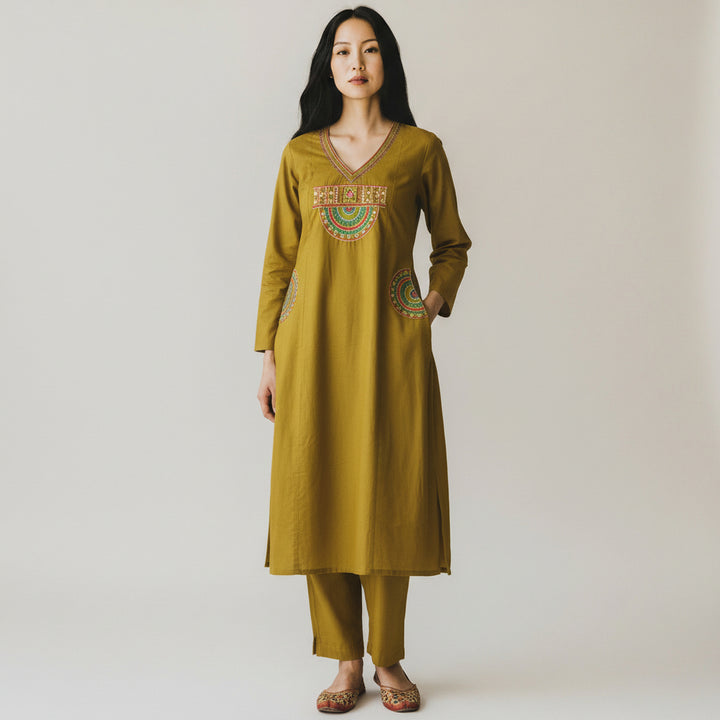 Mustard Embroidered Straight Kurta Set with Pants