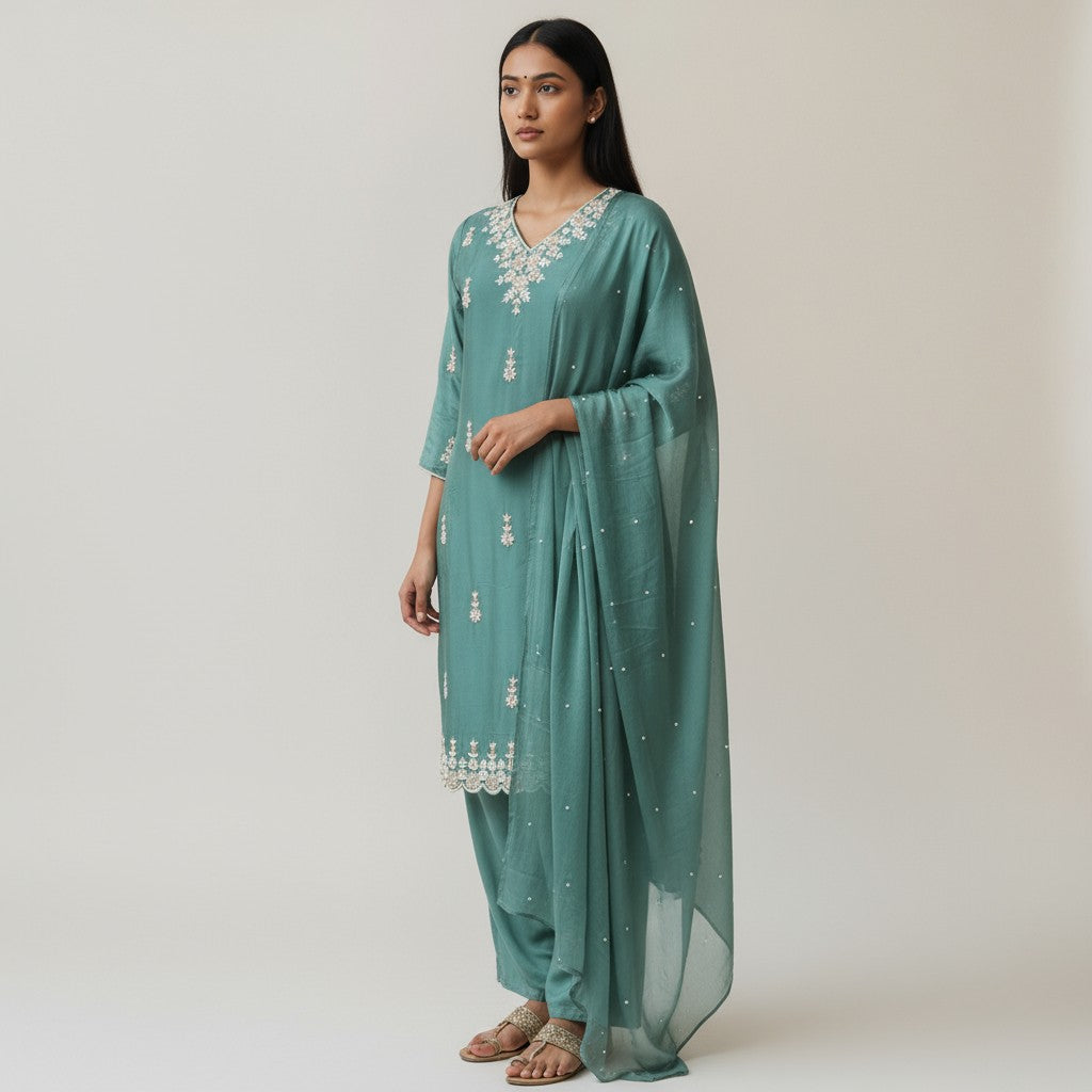 Sea Green Silk Embroidery 3 Piece Premium Kurta Set