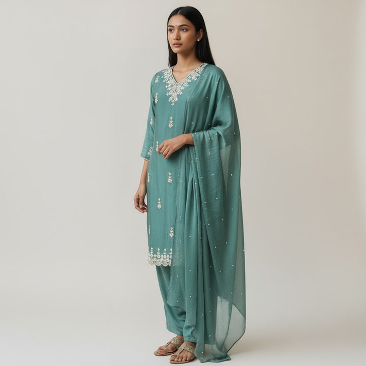 Sea Green Silk Embroidery 3 Piece Premium Kurta Set