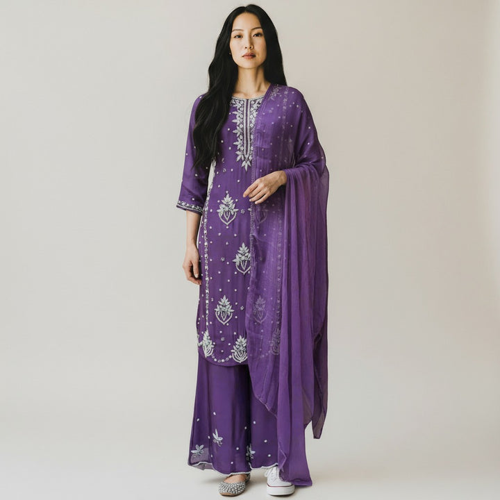 Purple Viscose Chinnon Handwork Suit Set with Chiffon Dupatta & Plazo Pant kurta set