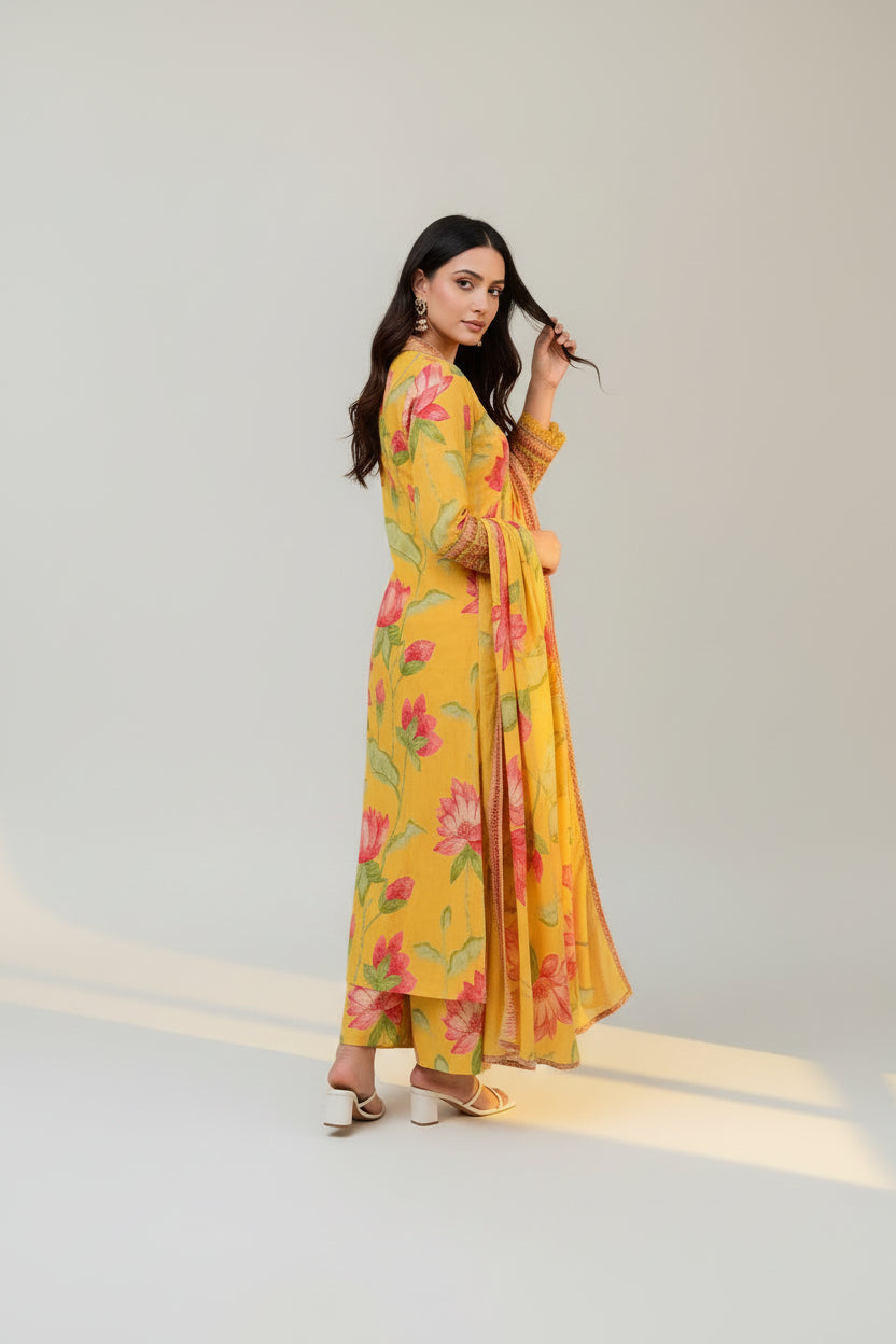Floral Printed Kurta Set with Palazzo &amp; Dupatta