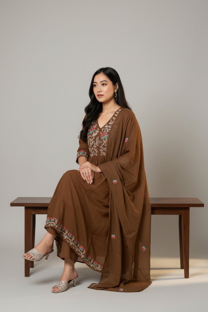 Women’s Brown Embroidered Anarkali Kurta Set with Dupatta