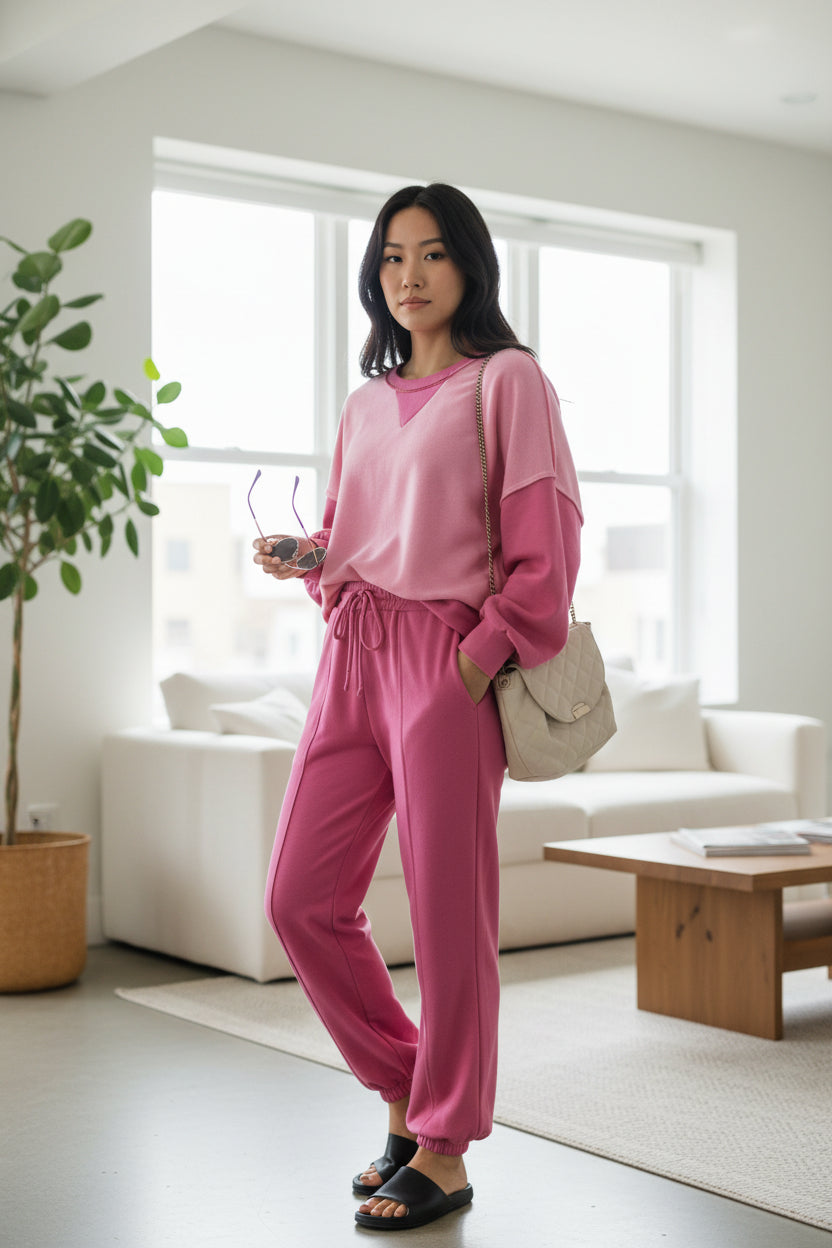 Bonbon Contrast Patchwork Pullover and Drawstring Joggers Set
