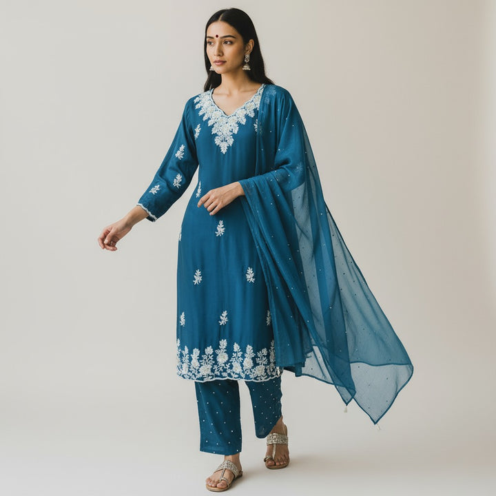 Blue Embroidery Satin Silk Premium 3 piece Kurta set