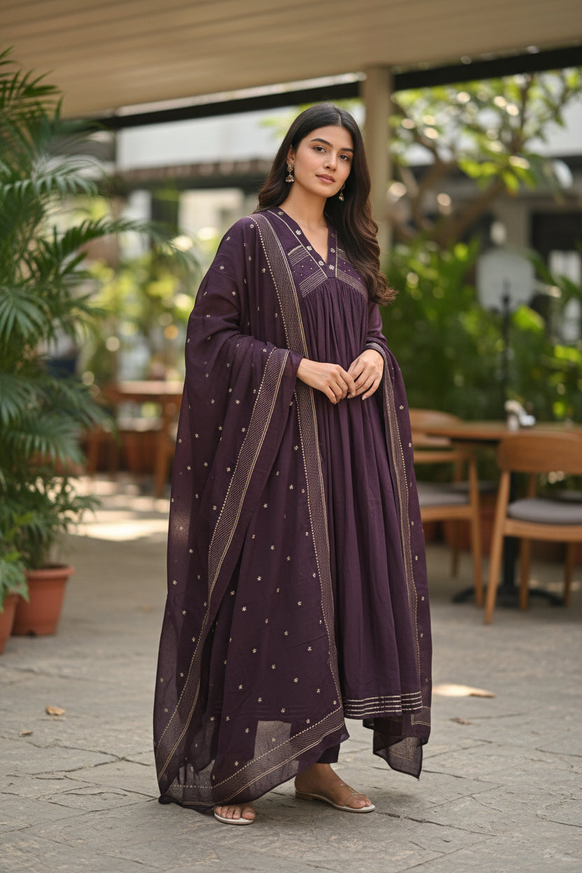Women’s Solid Embroidered Anarkali Kurta Set with Dupatta