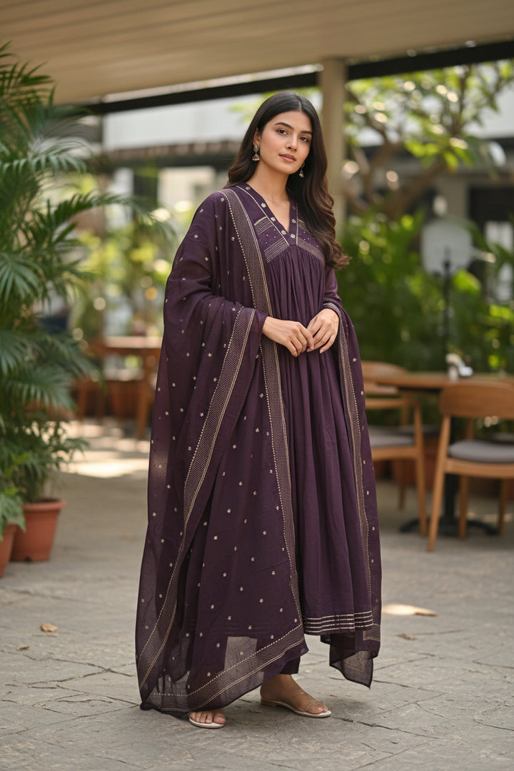 Women’s Solid Embroidered Anarkali Kurta Set with Dupatta