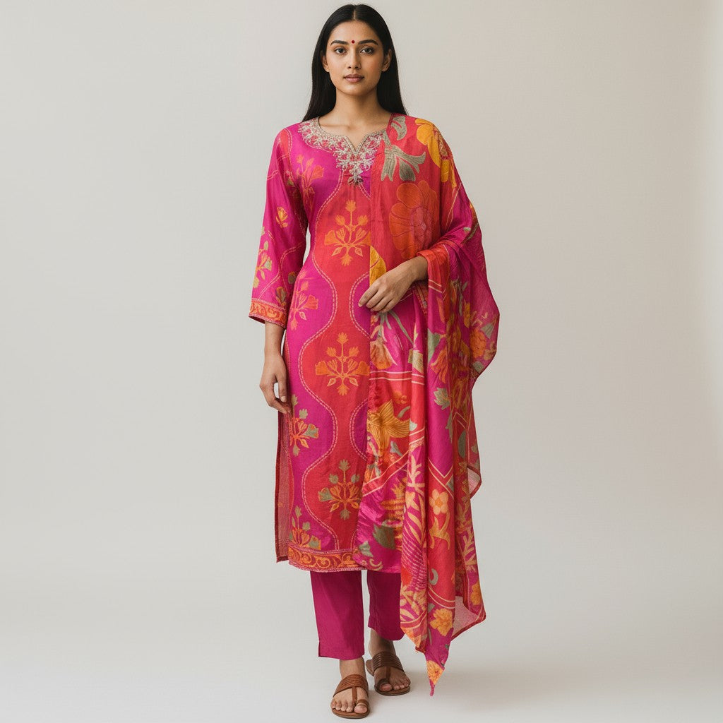 Pink Pure Natural Crepe Digital Print Handwork Stitch Kurta Set