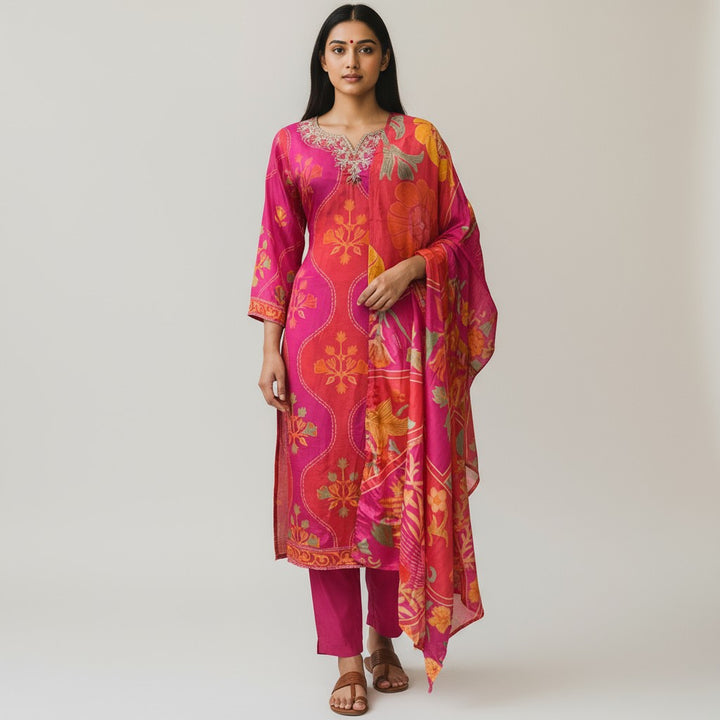 Pink Pure Natural Crepe Digital Print Handwork Stitch Kurta Set