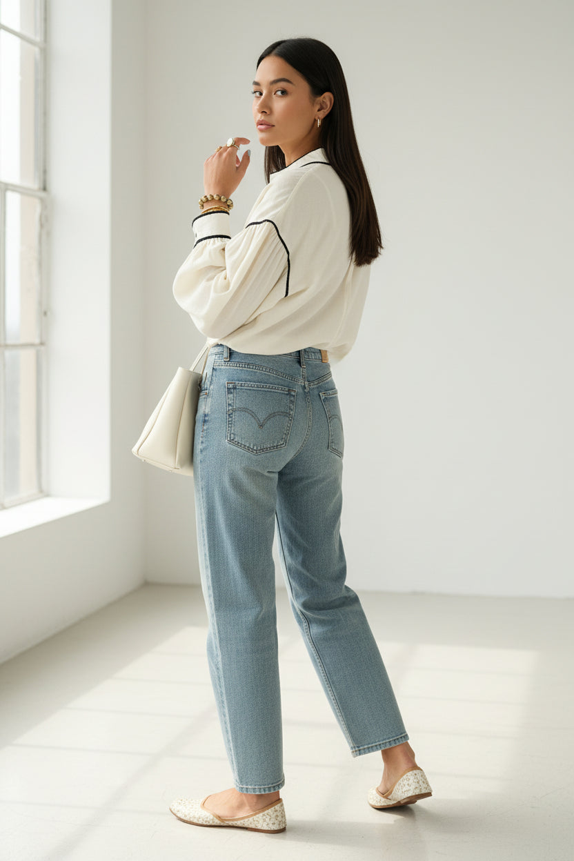 Beige Contrast Color Trim Button Down Long Puff Sleeve Shirt