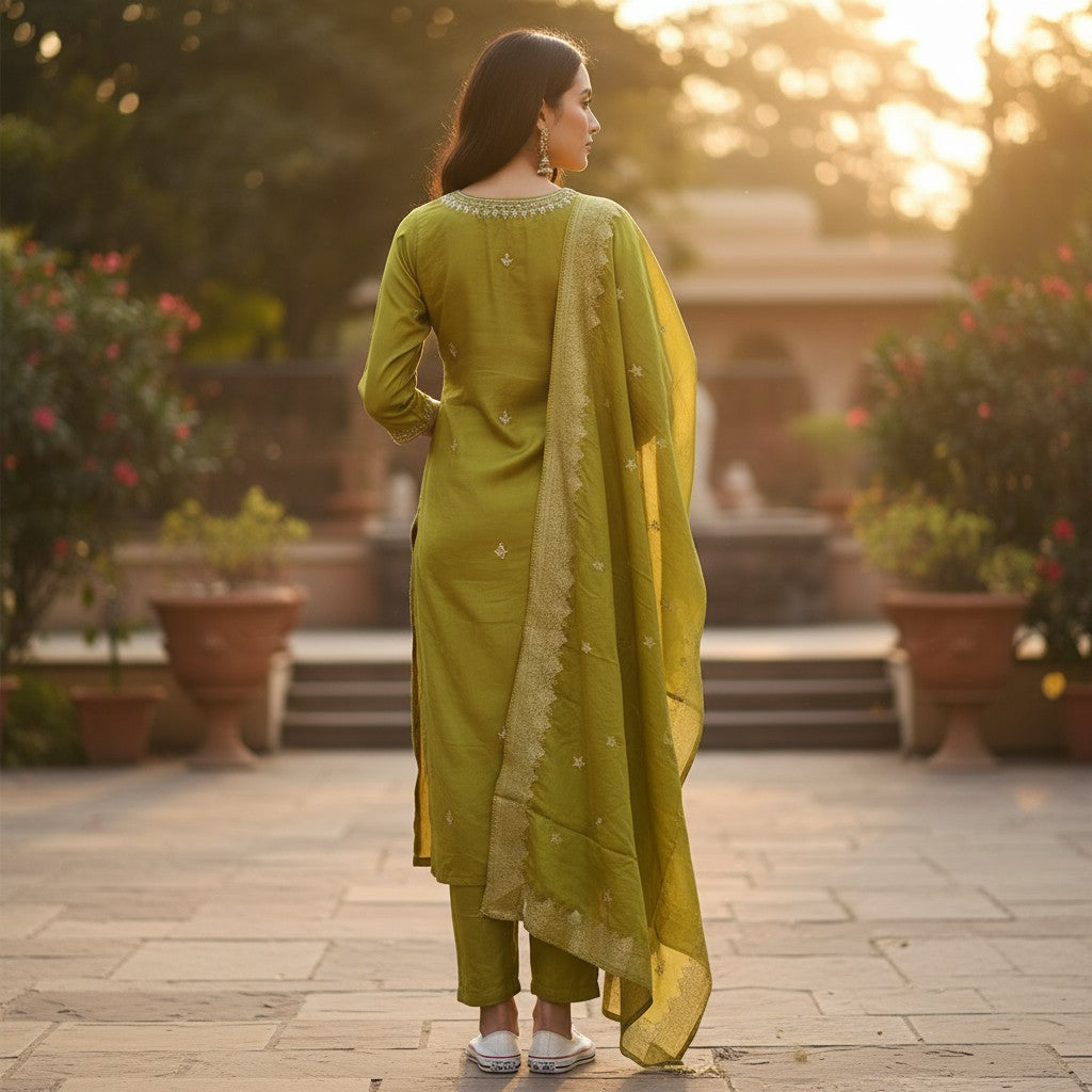 Lime Green Natural Crape Handwork Top Banaras Kurthi Set
