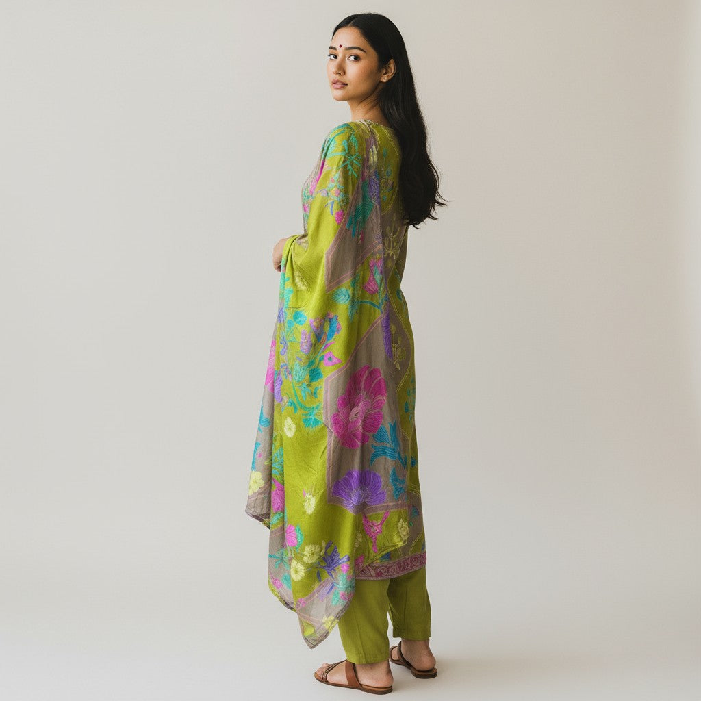 Green Pure Natural Crepe Digital Print Handwork Stitch Kurta Set