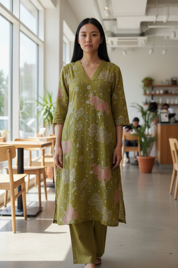 Olive Green Floral Printed Kurta Set with Dupatta &amp; Pants