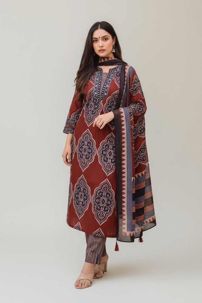 Maroon &amp; Navy Ethnic Print Straight Kurta Set with Dupatta