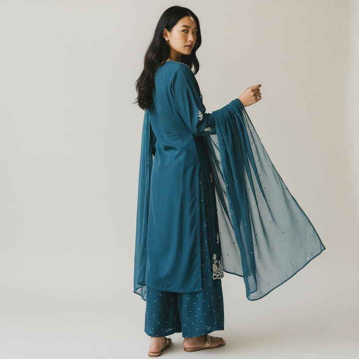 Blue Embroidery Satin Silk Premium 3 piece Kurta set