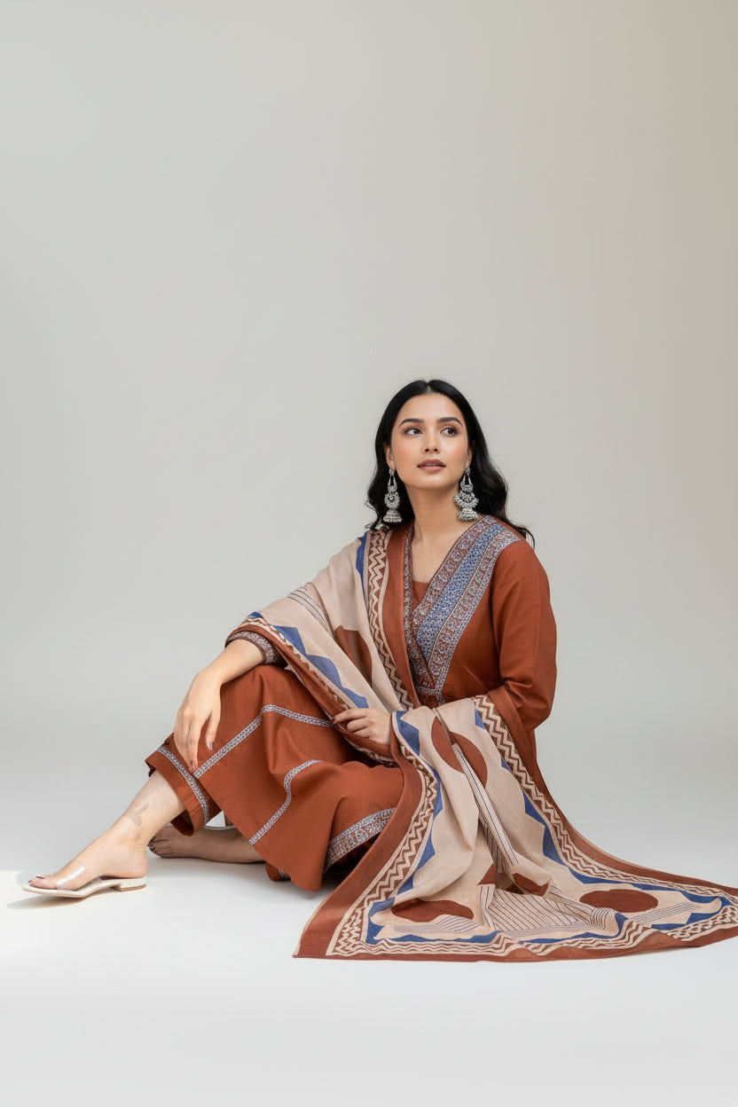 Rust Brown Printed Kurta Set with Contrast Dupatta