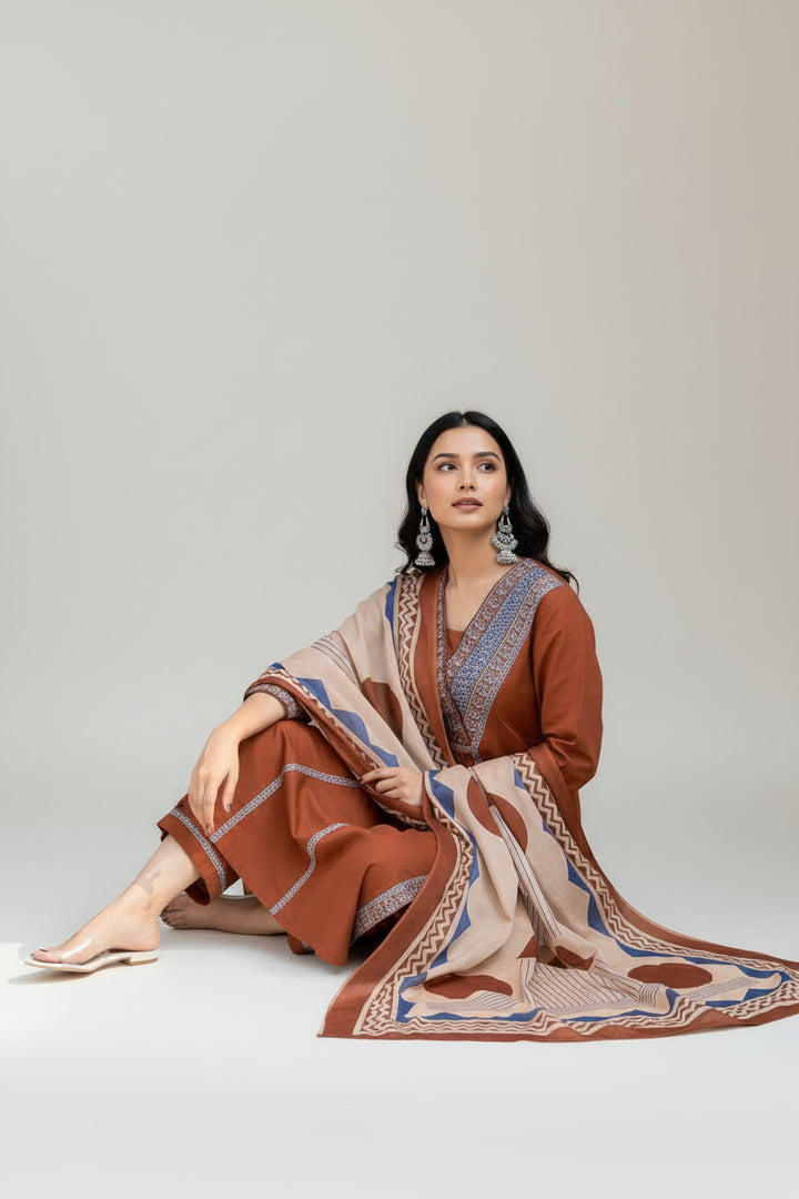 Rust Brown Printed Kurta Set with Contrast Dupatta