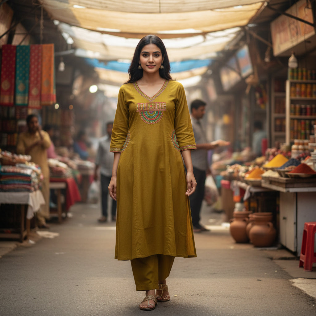 Mustard Embroidered Straight Kurta Set with Pants