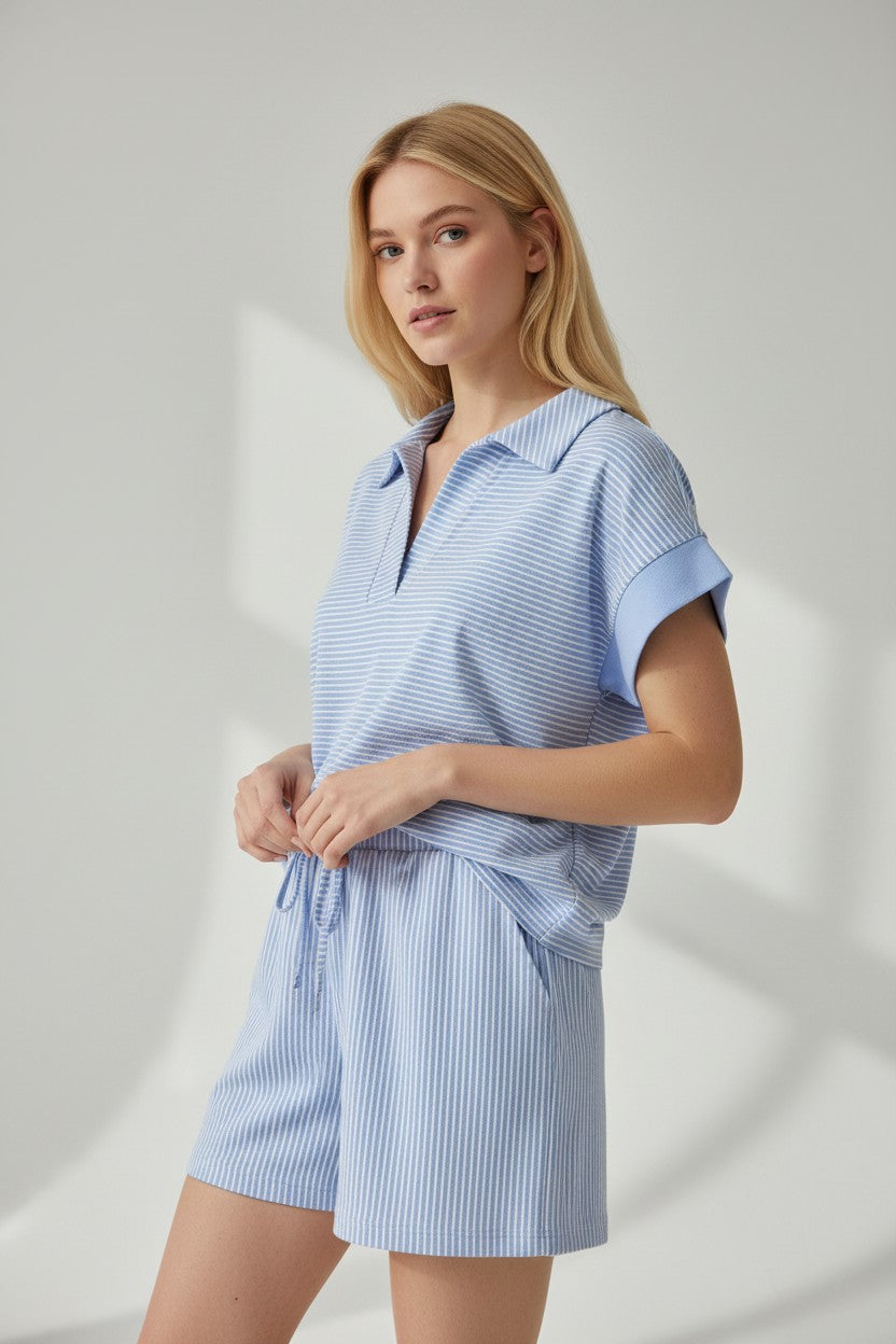 Sky Blue Stripe Dolman Sleeve Polo Shirt and Drawstring Shorts Set
